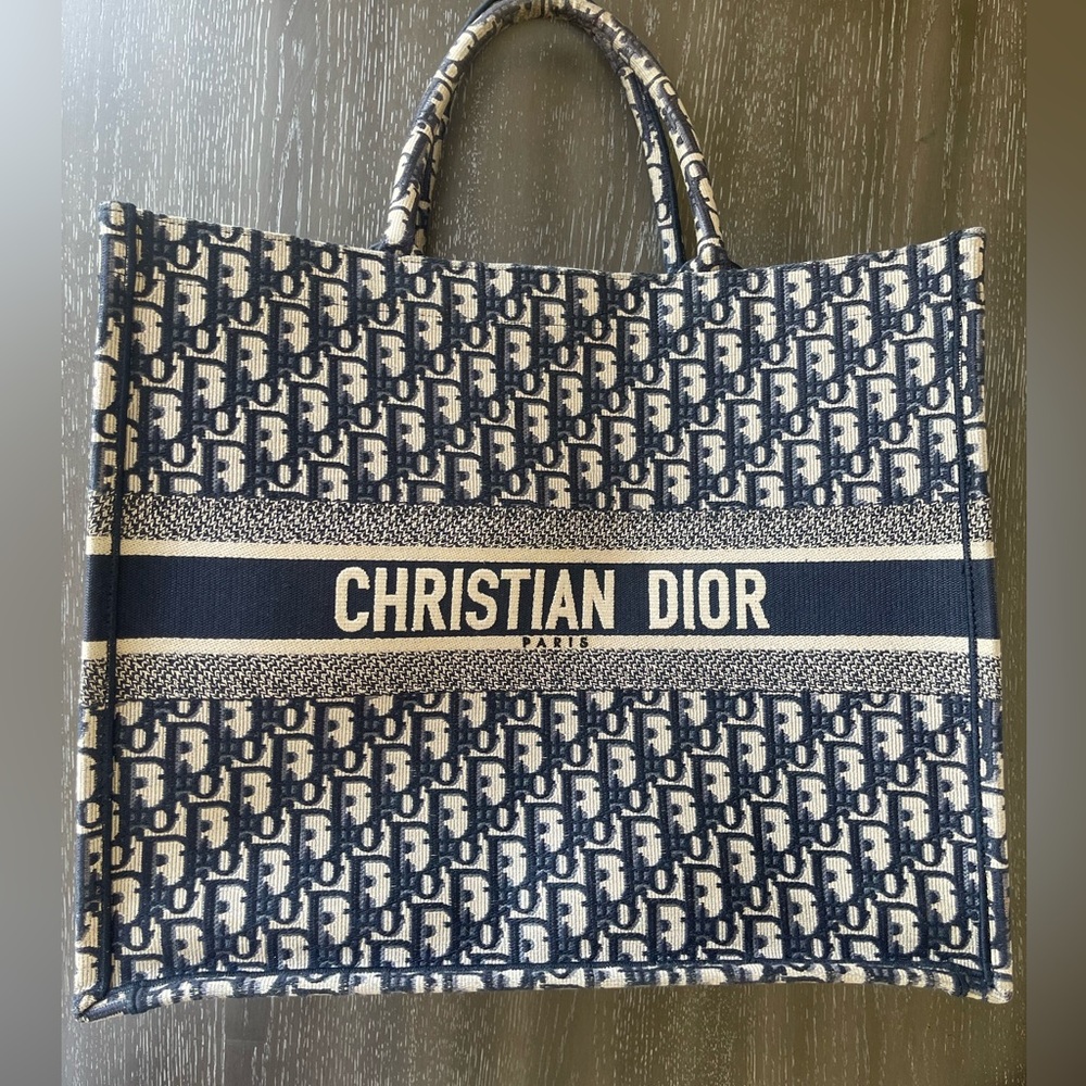 Dior Large Book Tote Ecru and Blue Dior Oblique Embroidery